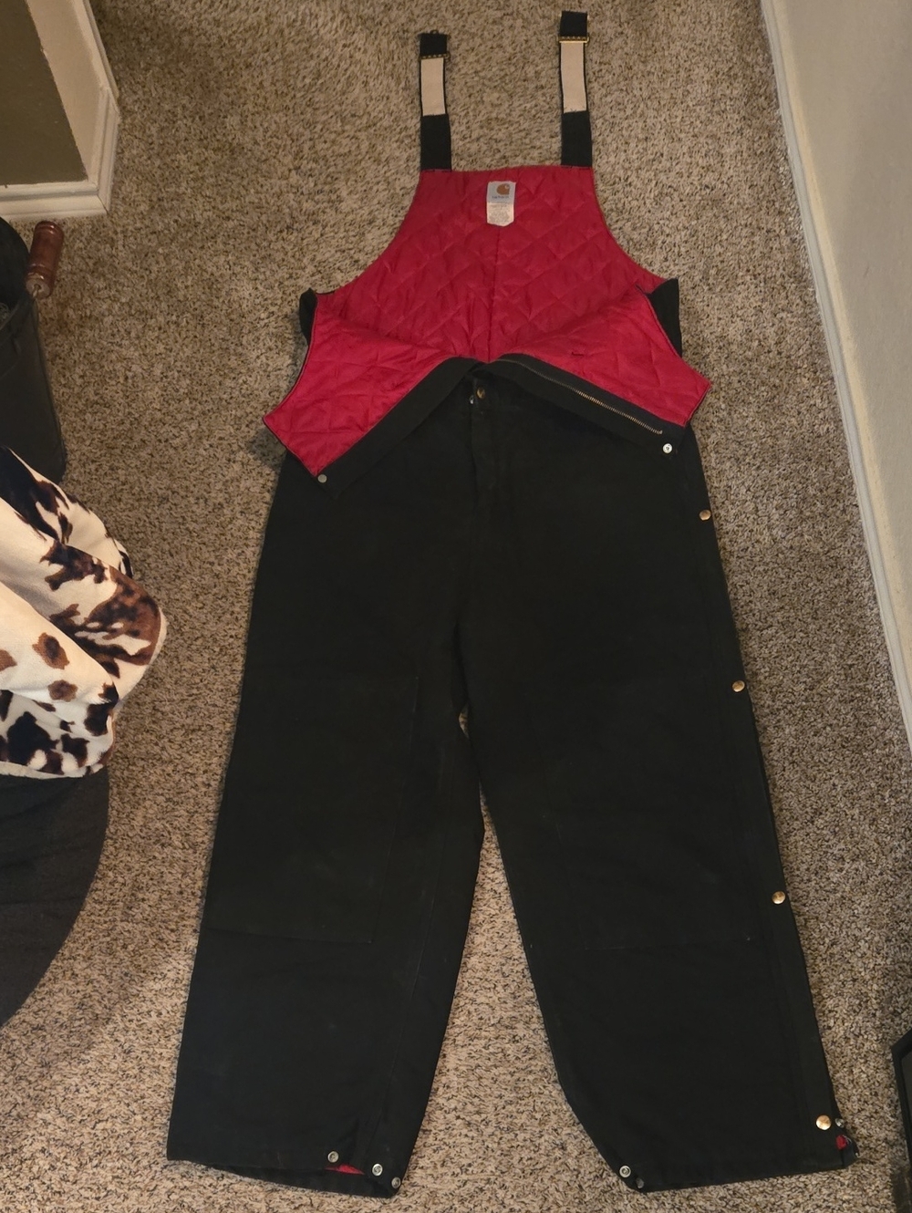 Carhartt Black Overalls with Red Quilted Bib Panel